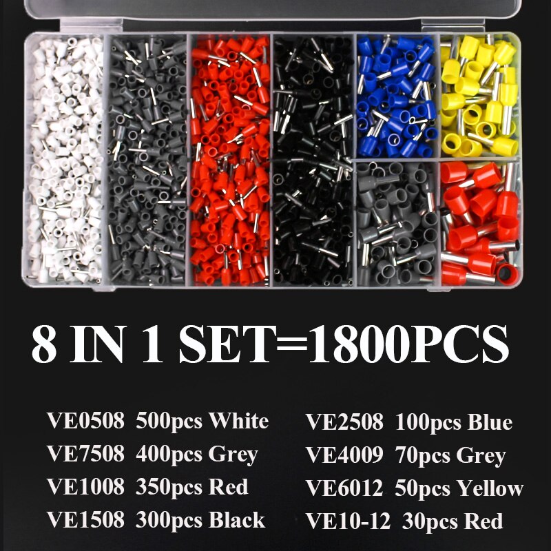 Wire Connect Insulated Terminal Assortment 1200 Wire Terminal Crimp Connector Tubular Terminal Crimping Tool Hand Tool: 1800PCS