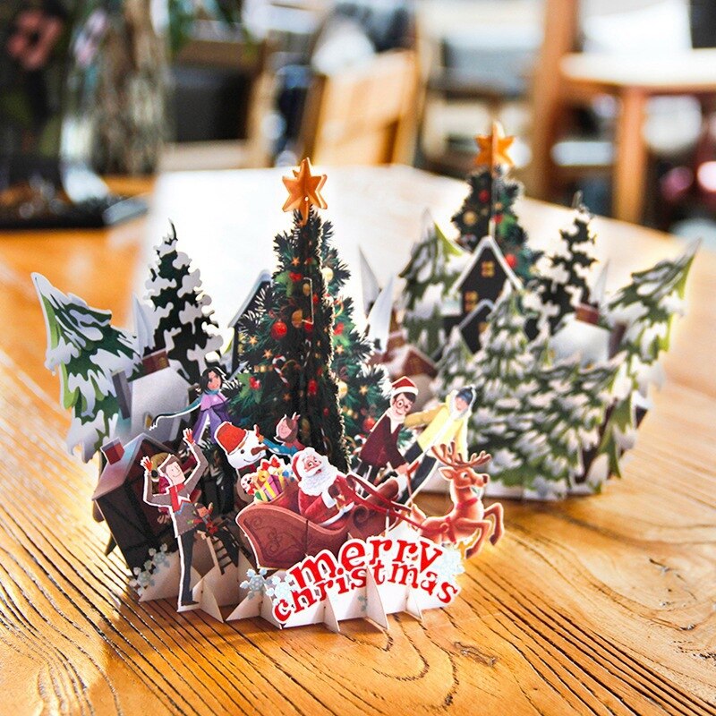 Christmas Folding Greeting Card With Small Postcard And Envelope 3D Popup Card Unique Winter Festival Invitation Cards