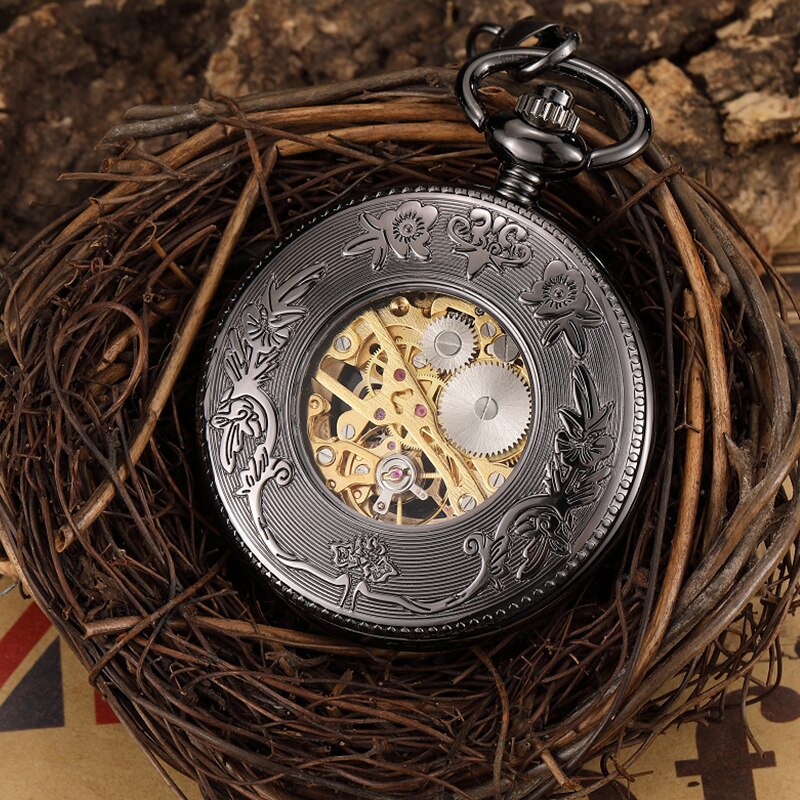 Unique Hollow Petal Pattern Mechanical Pocket Watch Arabic Numeral Case Roman Numeral Golden Dial Rhinestone PM029