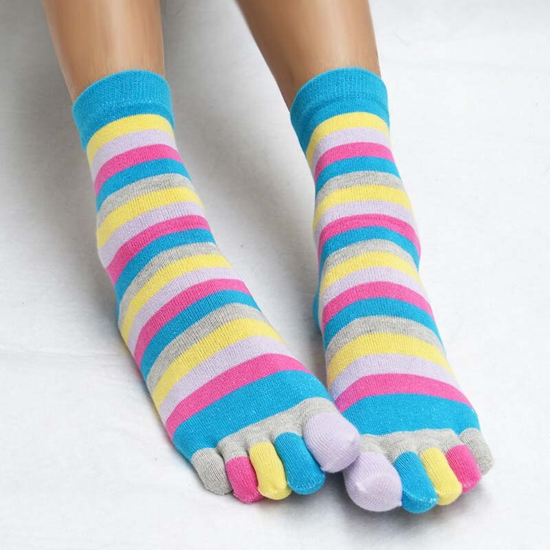 Piger fem-fingerede sokker calcetines bomuld afslappet bløde sokker med tæer farverige kvindelige stribe bugsering sokker: Blå