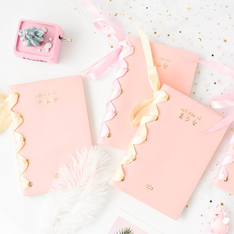 Pink small fresh notebook cute girl heart ribbon diy strap hand ledger stationery notebook 104 sheets time management planner