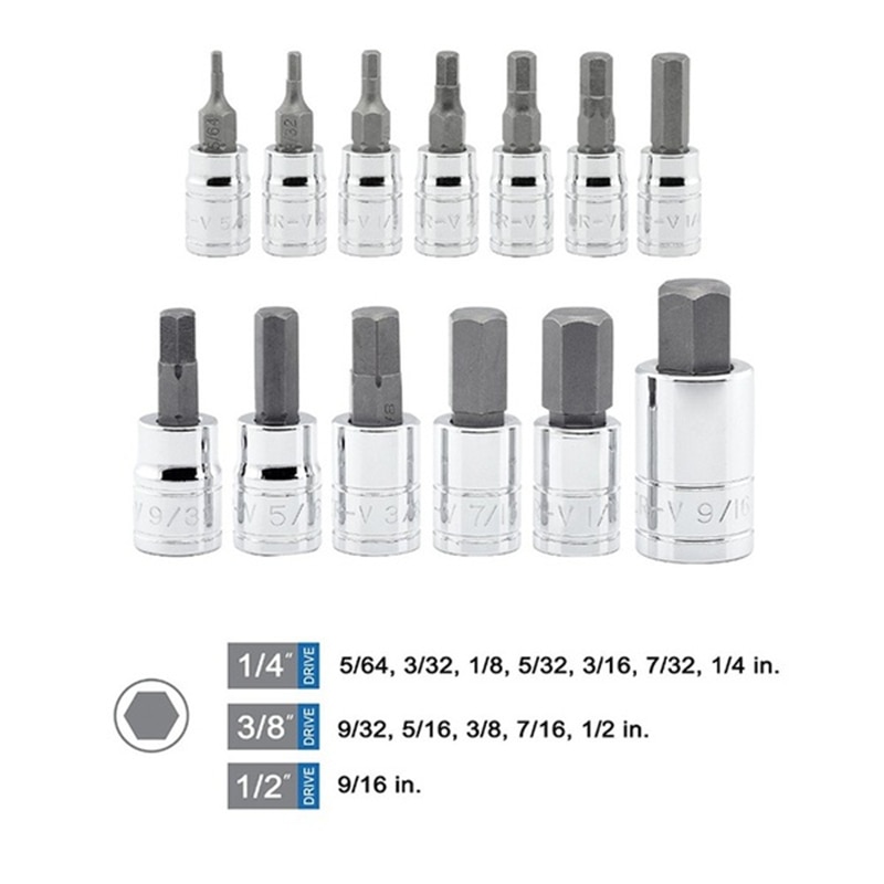 13 stks/set Zware Allen SAE Wrench Hex Socket Bit Set 3/8 "" 1/4 "" 1/2 "" boor Adapter