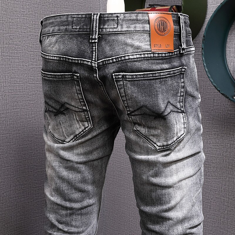 Pantalones vaqueros Vintage para hombre, Jeans rasgados ajustados elásticos Retro grises, desgastados de informal, europea