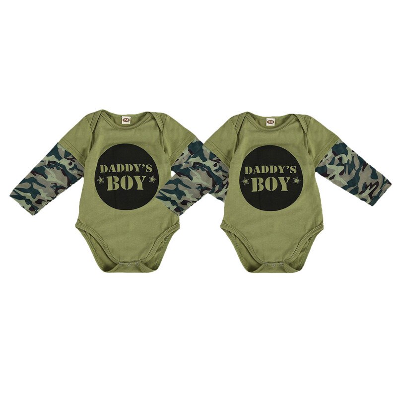 Geboren baby meisjes jongens outfits camouflage patchwork lange mouwen ronde hals knopen legergroen korte body's herfstkleding
