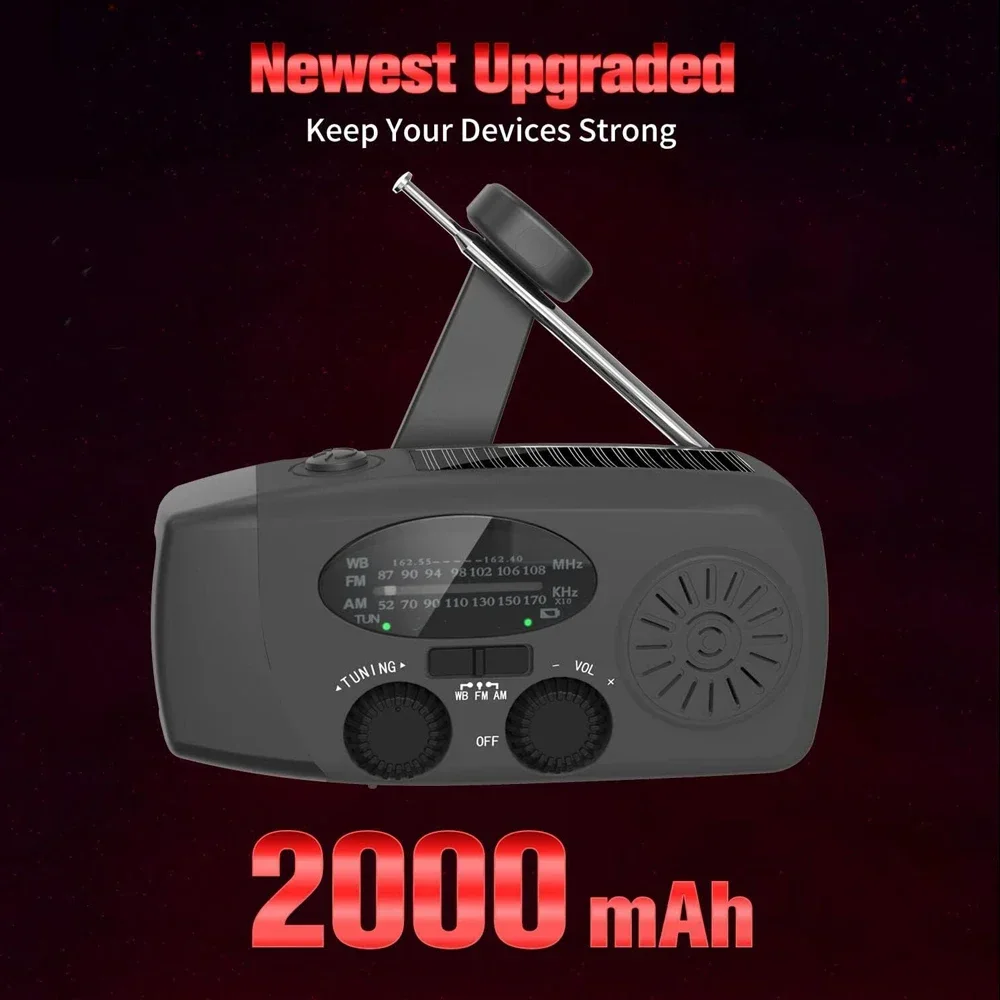 Radio di emergenza a manovella solare USB (FM/ AM/ NOAA) WB Weather Radio con torcia elettrica Power Bank Radio nere Portatil Am Fm