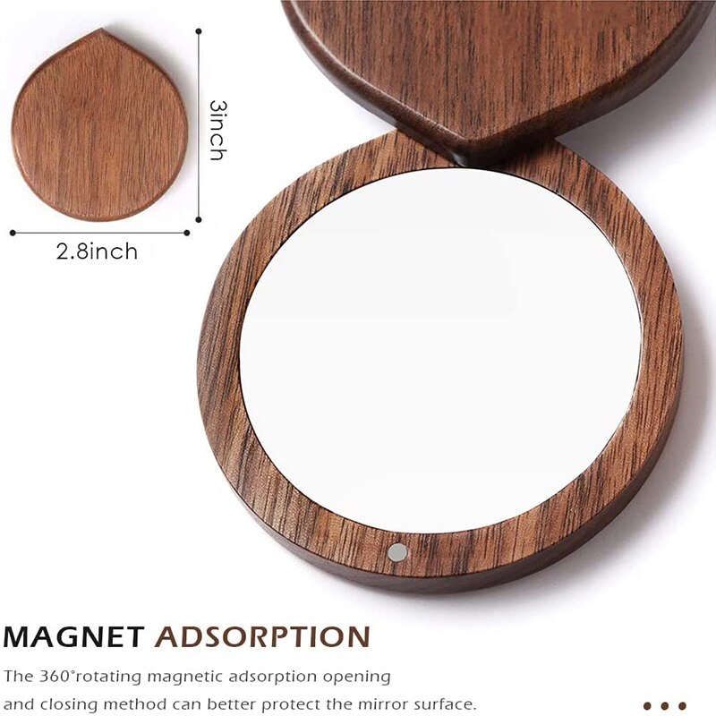 Wooden Compact Makeup Mirror 360 Degree Magnet Open Small Pocket Purses Mirror Portable Heart Shape Folding Hand Mirror