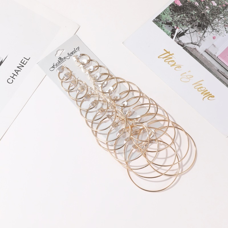 12-piece Earrings Set of Exaggerated Geometric Big Circle Earrings for Women Hollow Round Gold Silver Colour Small Ears Ring
