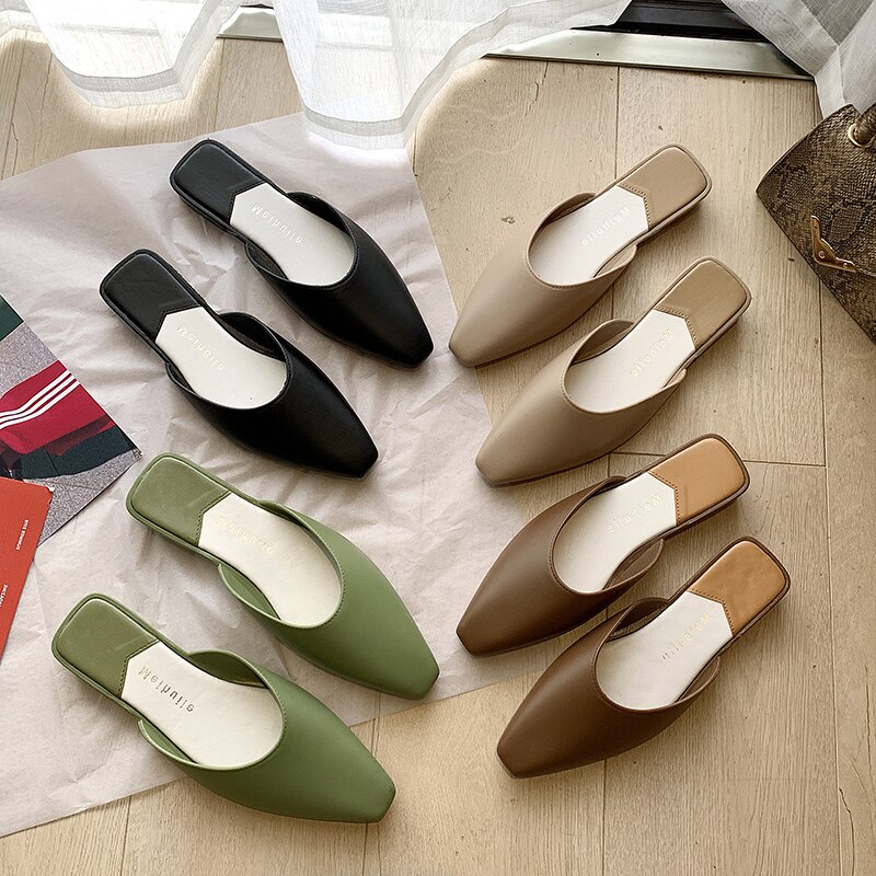 Spetsiga tå mulor kvinnor sommar tofflor godis färg flats slip-on dam sandaler slides pu kvinnor skor