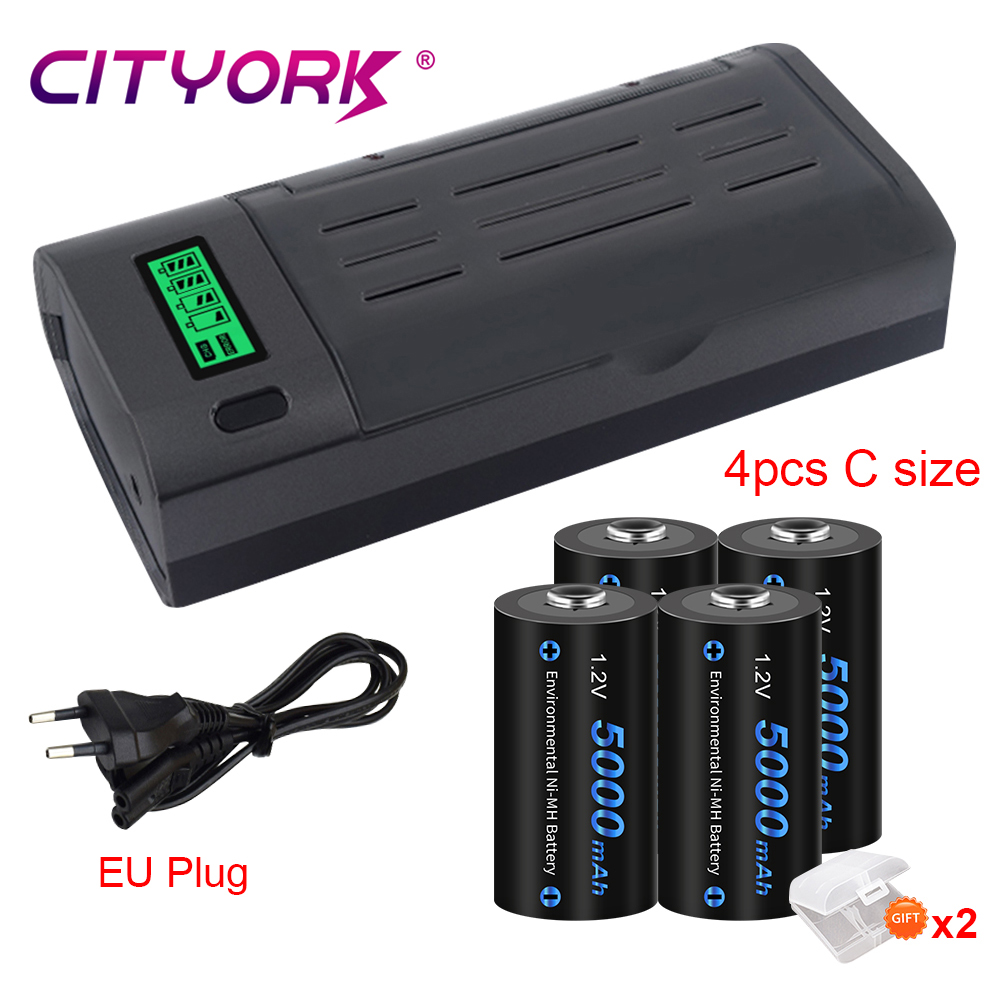 CITYORK 5000mAh C Size Rechargeable Battery 1.2V R14 LR14 NIMH C Battery Batteries With 9V 1.2V AA AAA C D NIMH Battery Charger: Yellow