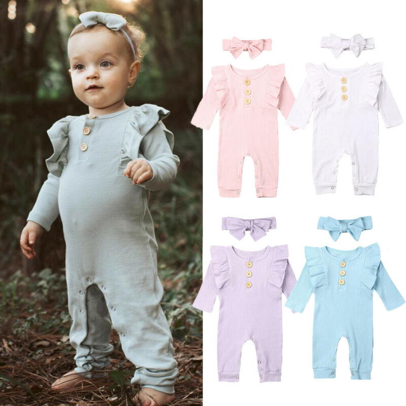 Pasgeboren Baby Jongen Meisje Lange Mouw Romper Jumpsuit Effen Algehele Hoofdband Infant Peuters Herfst Gebreide Kleding Set