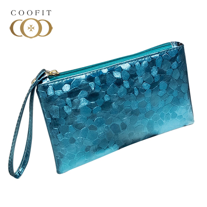 Coofit Zilveren Lange Clutch Portefeuilles Voor Vrouwen Rits Lederen Portemonnee Steen Patroon Card Purse Lady Avond Portemonnees Strap