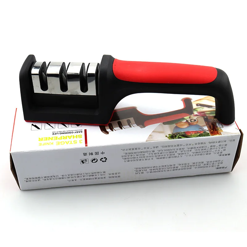 3-Segment Knife Sharpener Knife Sharpeners for Kitchen Knives Stainless Steel Three-Purpose Sharpening Stone for Kitchen Tools: Red