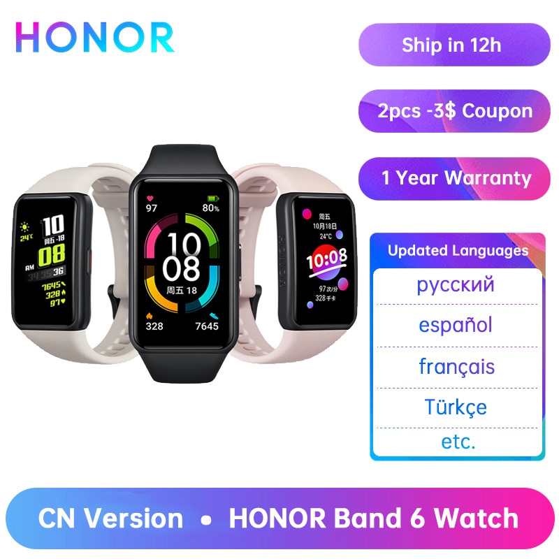 Honor-reloj inteligente Band 6 Original, pulsera con pantalla táctil AMOLED, Monitor de ritmo cardíaco y sueño, oxígeno en sangre, SpO2, resistente al agua