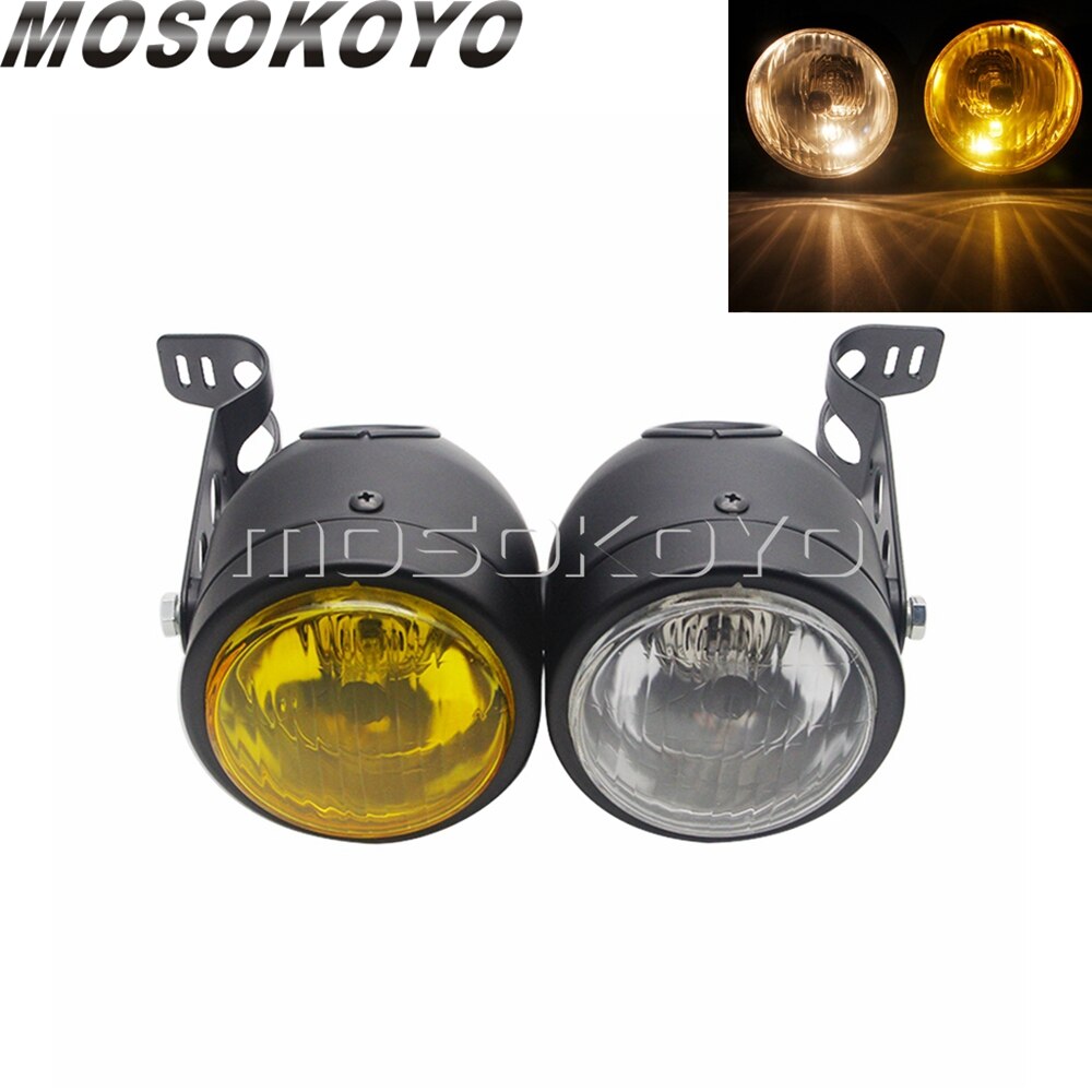 Motorcycle Twin Round Dominator Headlight 3.5" Double Dual Lamp Front Headlamp for Harley Cafe Racer Old School Chopper Bobber: B Yellow Clear 