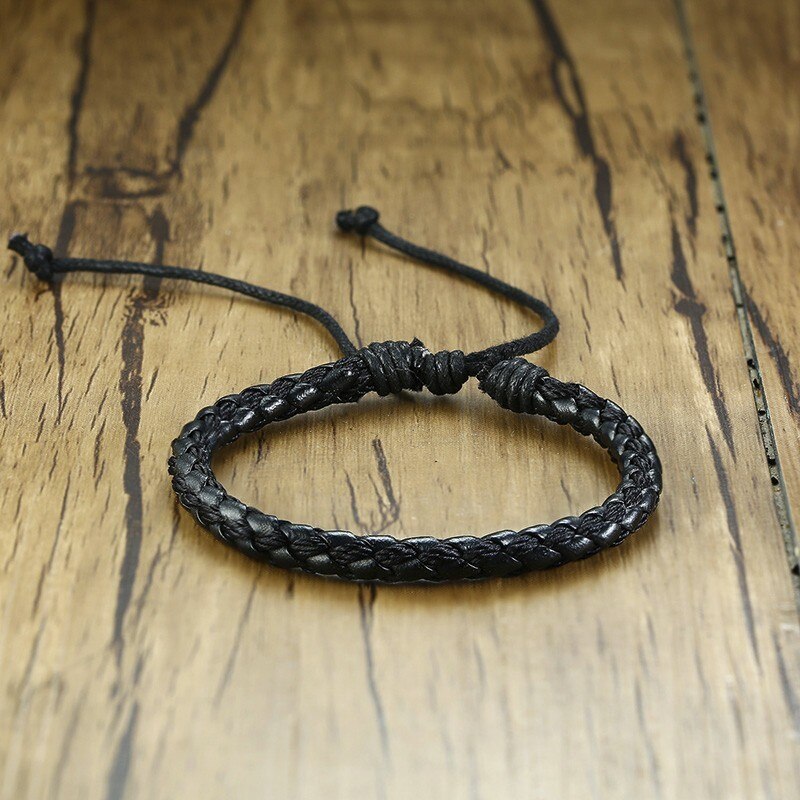 Men Adjustable Braided Leather Bracelet in Black