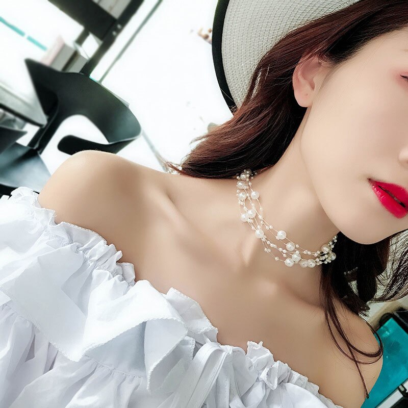 Arrivals Jewelry Gold Color Multi Layer Chains Imitation Pearl Necklaces For Women Party Wedding Bride Necklace