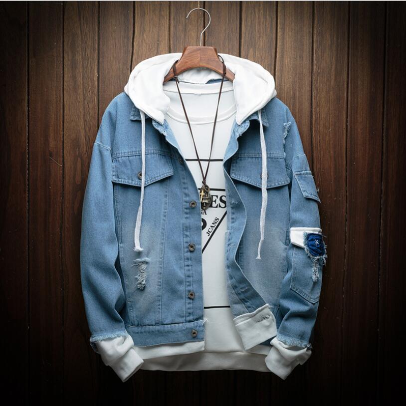Men Hooded Denim Jackets Jean Coats Spring Autumn Men Holes Casual Denim Coats And Jackets Loose Jean Jackets Size 4XL: Blue / L