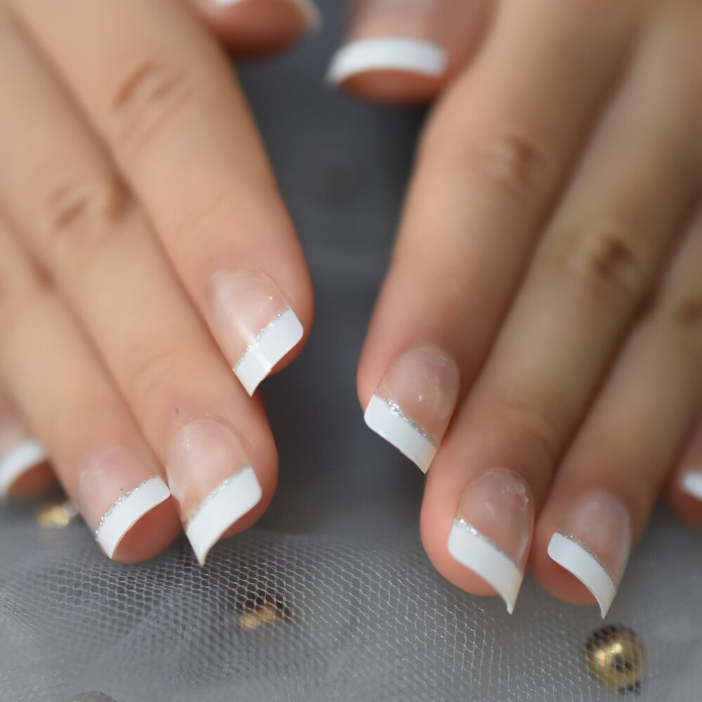Kids White French Nails Silver Smile Line Decorative Nail Art Tips Girl False Nails Small Size Student's