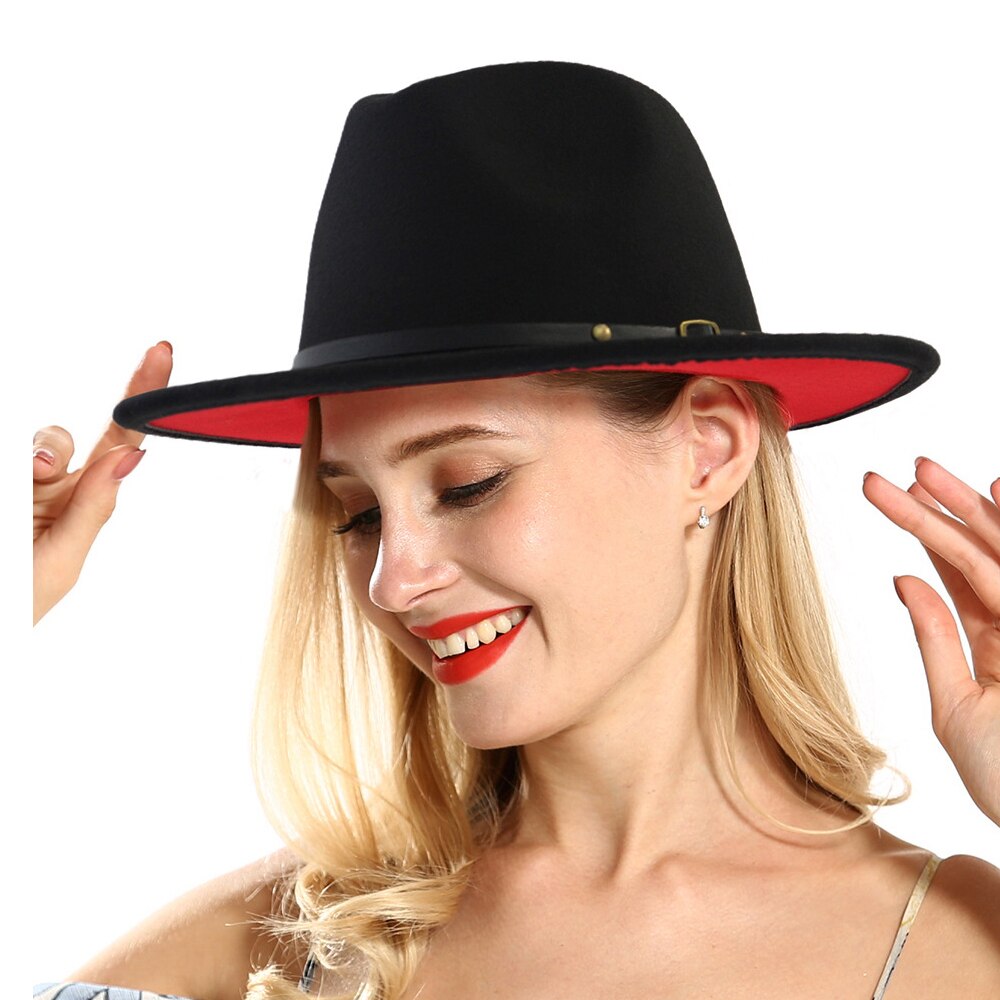 Sombrero fieltro rojo y negro para hombre y mujer, sombrero de ala ancha, sombrero Trilby para Jazz, iglesia, Sombrero de Panamá,: Black red