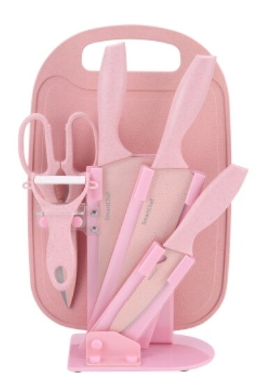 Tarwe Stro Mes Set Rvs Zeven Stuk Mes Set Keramische Mes Keuken Set Mes Schaar Fruit mes Houder: Pink Pink base