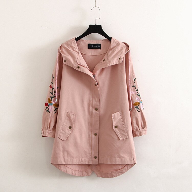 Manteau en coton et chanvre brodé pour femme, taille féminine: Rose / 3XL