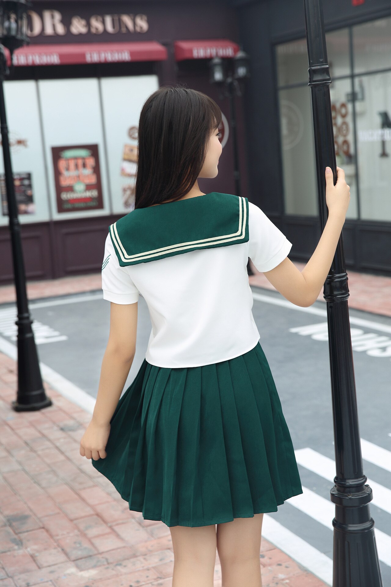 Girl Japanese Uniform Sailor School Uniform Set Plus Size XL White-Green Skirt Short Sleeve Shirt