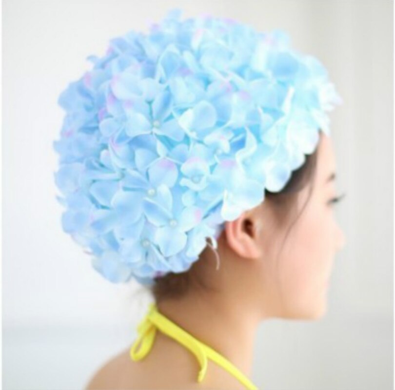 Pocket Meisje Bloemblaadje Zwemmen Caps Lady Lang Haar Mooie 3D Bloem Badmuts voor Vrouwen Mooie Bloemen Womens Swim Cap hoed: Sky Blue