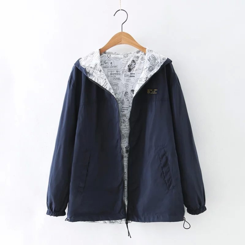 Lente Herfst Vrouwen Jas Coat Pocket Rits Hooded Twee Side Wear Cartoon Print Uitloper Losse Plus Size: Marineblauw / M