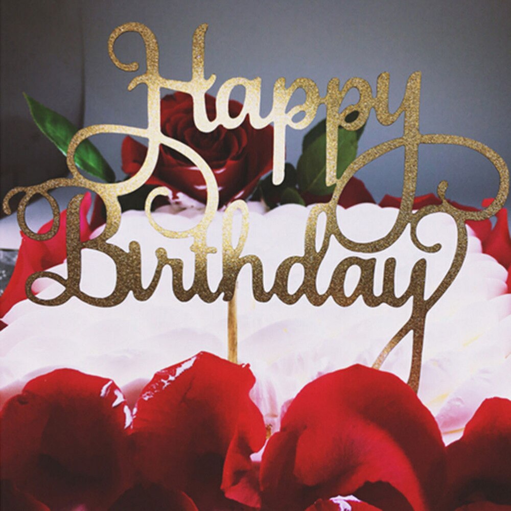 Roze gouden happy birthday taarttopper van acryl met gouden en zilveren letters, decoratie voor een jongensverjaardagsfeestje of bruiloft.