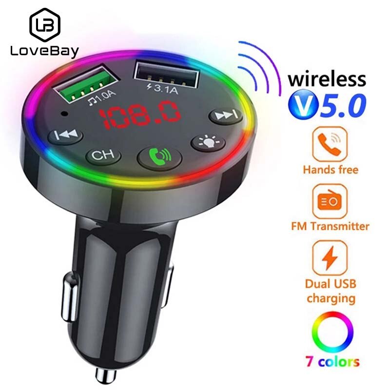 Lovebay  f9 auto-bluetooth-sender 5.0 fm kabellose freisprecheinrichtung mit farbiger led-beleuchtung, audioempfänger, usb-schnellladefunktion und  mp3- player-playern.