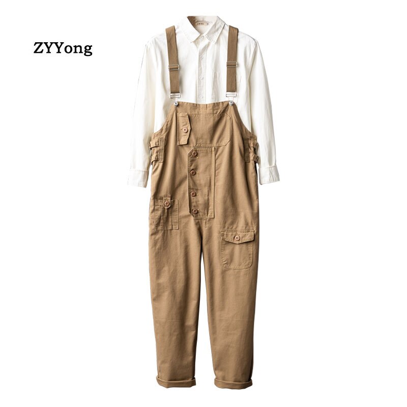 Løs lige stor lomme khaki brun fragt overalls mænd jumpsuit bib hip hop streetwear romper casual casual bukser bukser: L / Khaki