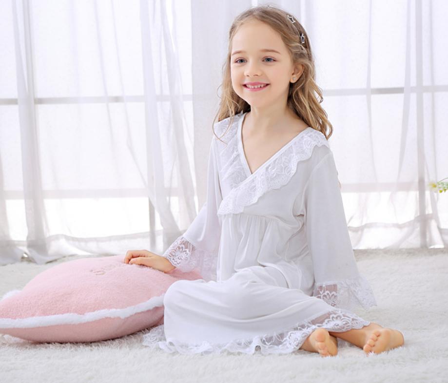 Spring Children's Baby Girl Sleepwear Lace Ruffled Night Dress Vintage Nightgown Kids Home Wear Princess Sleepshirt