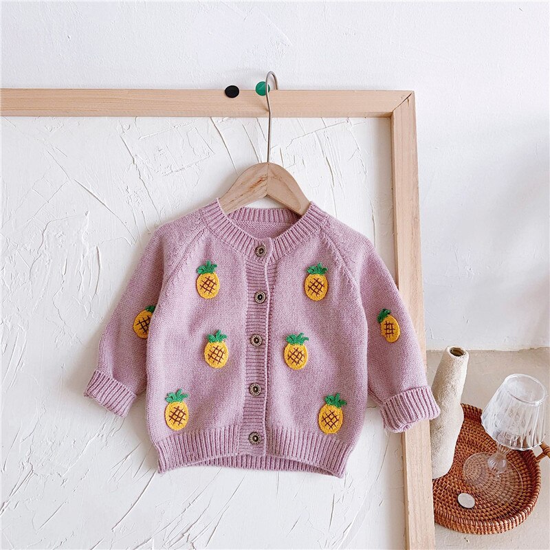 Efterårs vinter strik cardigan baby pige Koreansk stil Ananas broderi børn blød casual langærmet frakke