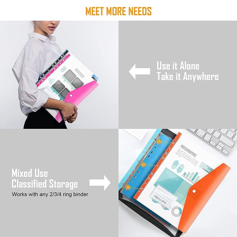 12Pack A4 Plastic File Folder,Expandable A4 Expandable Punched Pockets For A4 Folders,With Snap Closure And Label Pocket