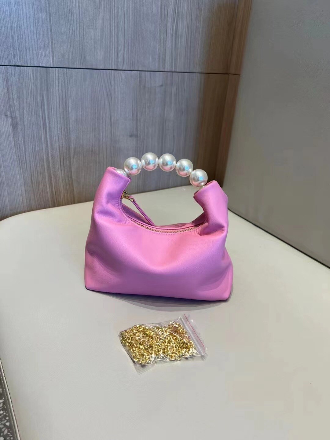 2022 Parel Kralen Handvat Handtas Paars Split Lederen Vrouwen Schoudertas Kleine Keten Crossbody Tas Yelllow: Roze