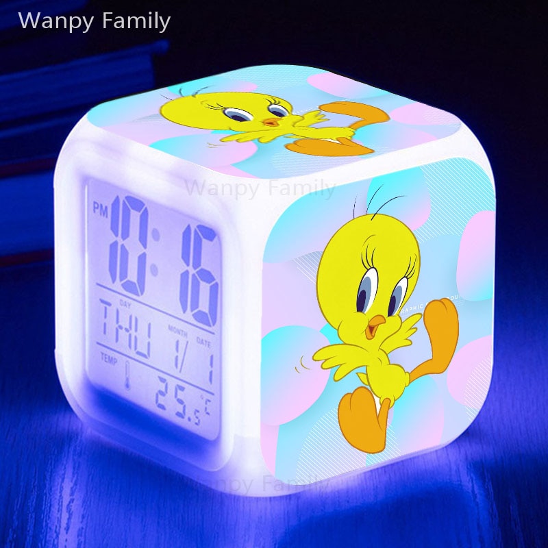Very Lovely Tweety Alarm Clock 7 Color Glowing LED Multifunctio Digital Alarm Clock Big screen Touch Sensing Flash Watches Clock: Black