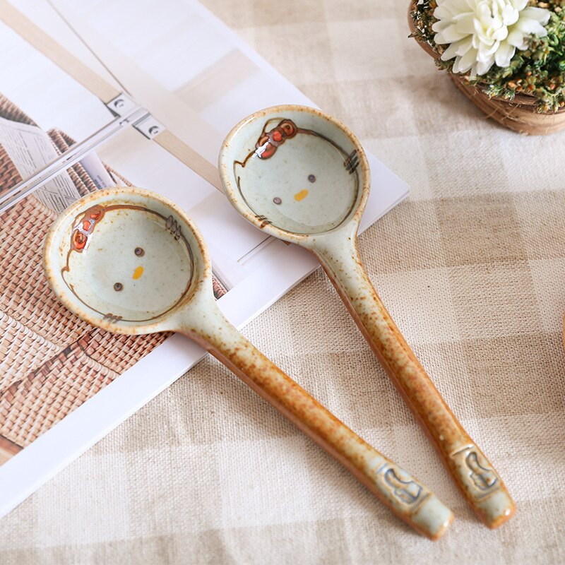 Handmade Ceramic Spoon Hand Painted Japanese Cartoon Cat Household Product Long Handle Spoon Kitchen Tableware 1 Piece: random style3