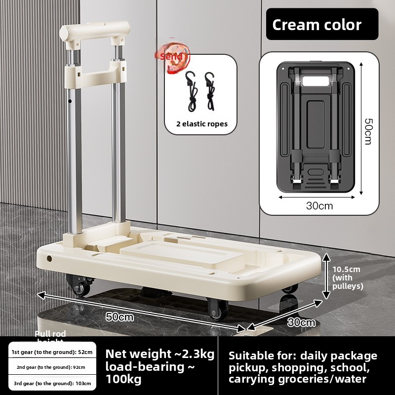 Sammenleggbar håndkjerre, bagasjevogn, flyttevogn for husholdning, lastebil med flatbed, teleskopisk trekkstang, stille universalhjul