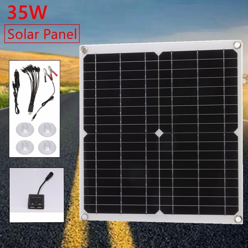 35W Zonnepaneel 5 In1 Dubbele Usb Zonnecel Monokristallijn Voor Outdoor Camping Noodverlichting Met Autolader 12V/5V