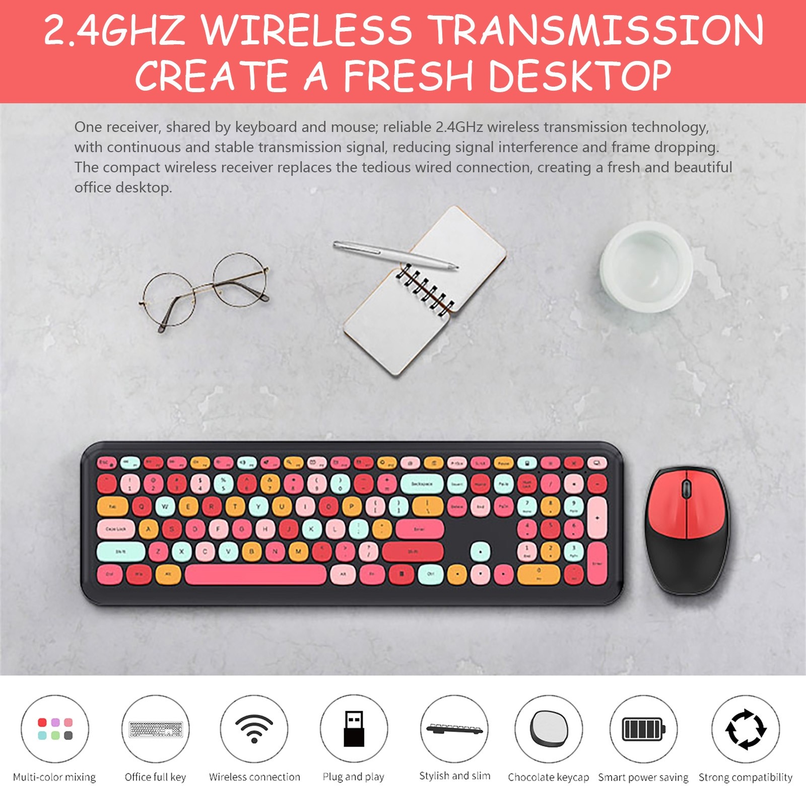 Teclado inalámbrico y ratón Combo Rosa teclados inalámbricos 2,4 GHz Retro de tamaño completo con número Pad lindo Mouse inalámbrico para PC