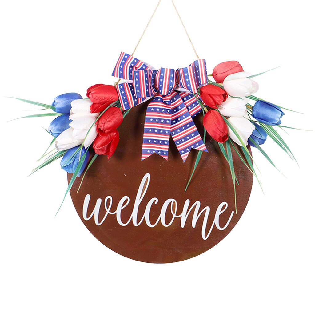 Rustic Welcome Round Wood Sign and Bow Farmhouse Wall Front Door Decoration