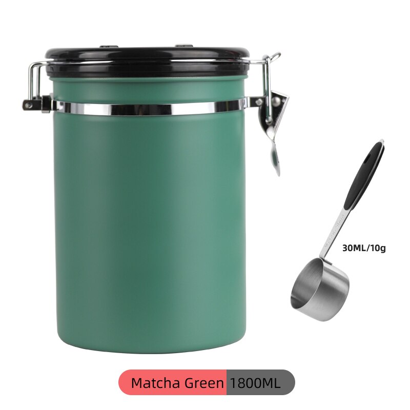 Stainless Steel Coffee Bean Sealed Tank Coffee Storage Tank With Exhaust Valve Dried Fruit Sealed Box Black 800Ml: Green 1800ML