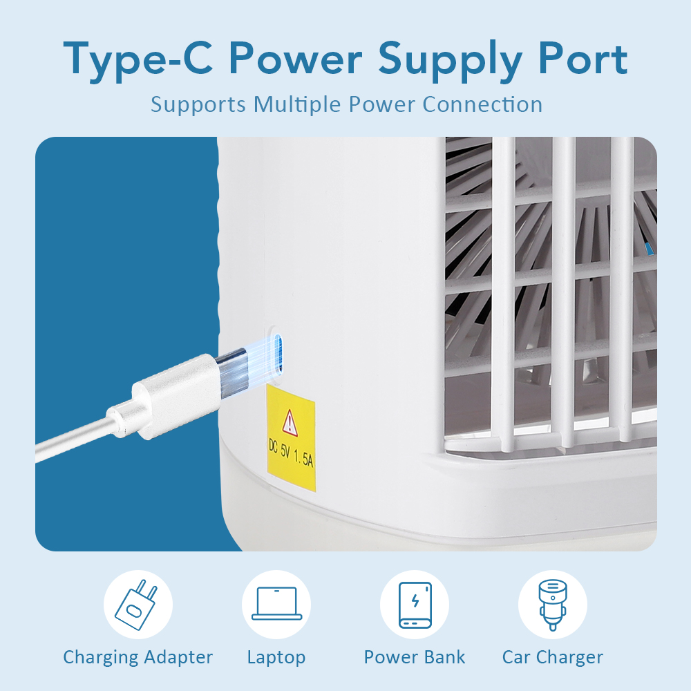 Ventilatore portatile Condizionatori d'aria desktop Dispositivo di raffreddamento dell'aria Nebbia d'acqua Luce notturna a portato 3 in 1 Ventola di raffreddamento dell'aria Umidificatore Ricarica USB Casa