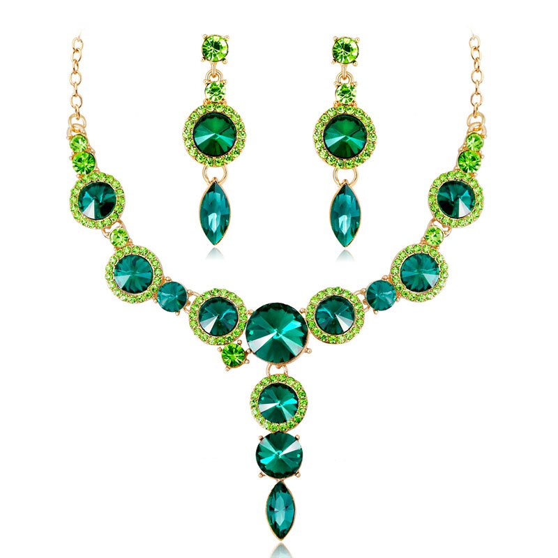 FARLENA Multicolor Ronde Crystal Ketting Oorbellen voor Vrouwen Bruiloft Accessoire Mode Strass Bruids Sieraden sets: green