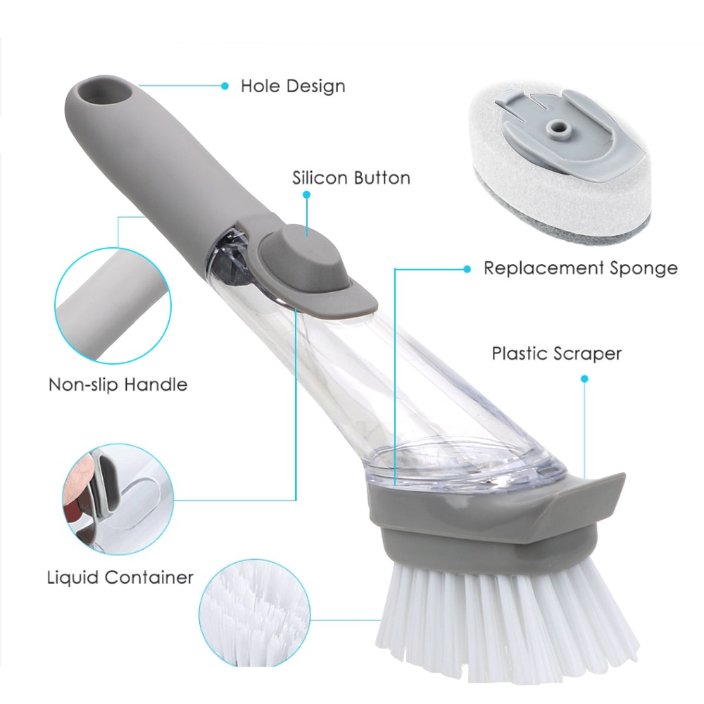 Washing Dish Brushes Automatic Liquid Cleaning Brush Scrubber With 3Pcs Non-Stick Oil Scouring Pad Sink Floor Cleaning Tools