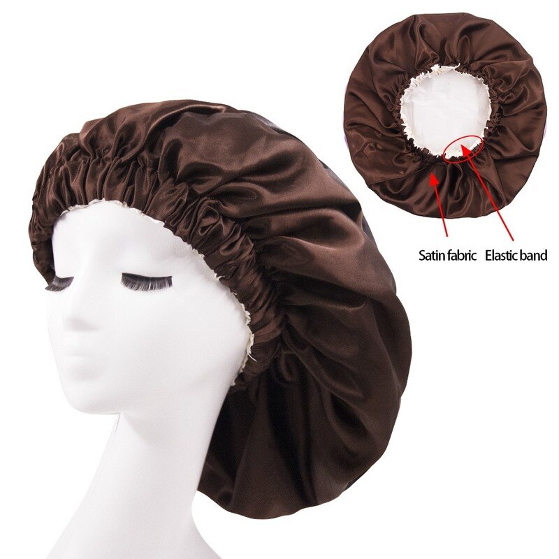 Effen Kleur Omkeerbaar Zijdeachtig Satijn Motorkap Dubbele Laag Slaap Night Cap Head Cover Motorkap Hoed Voor Voor Krullend Veerkrachtig Hair zwart