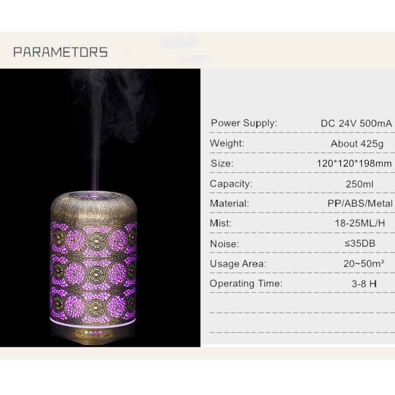 250ml Air Humidifier Bronze Metal Classical Aroma Essential Oil Diffueser With 7 LED Color Change For Home Office