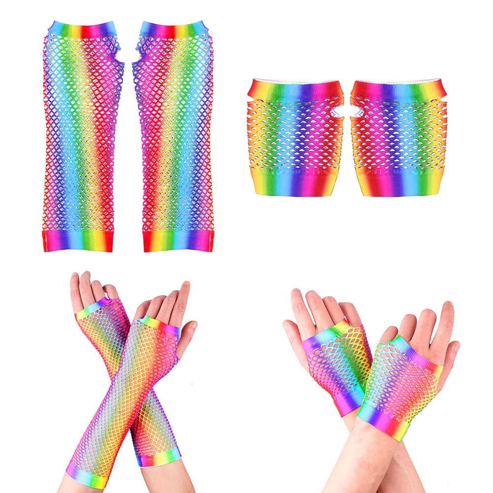 Neue Damen sexy Regenbogen Farbe Gittergewebe Netz Fischnetz Handschuhe Aushöhlen Löcher Finger Handschuhe Dame Disko tanzen Kostüm Halbe Handschuhe