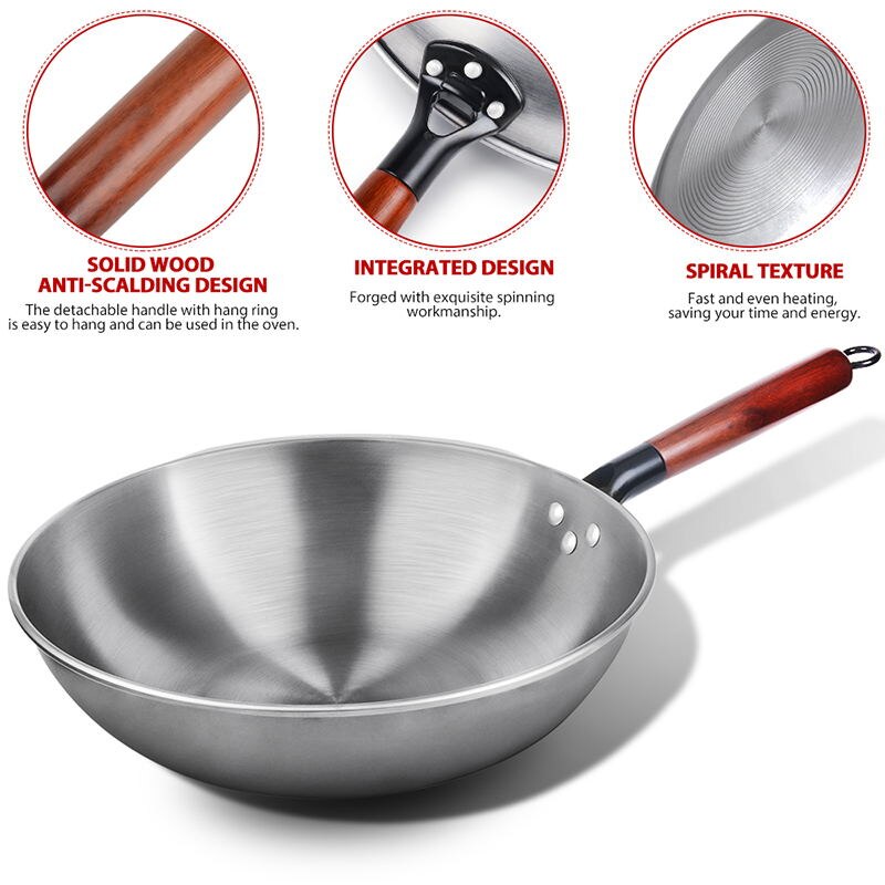 Traditionele Chinese Wok Ongecoat Non-stick Wok Pan Inductie Kookplaat Steak En Ei Koekenpan Houten Handvat Keuken Kookgerei
