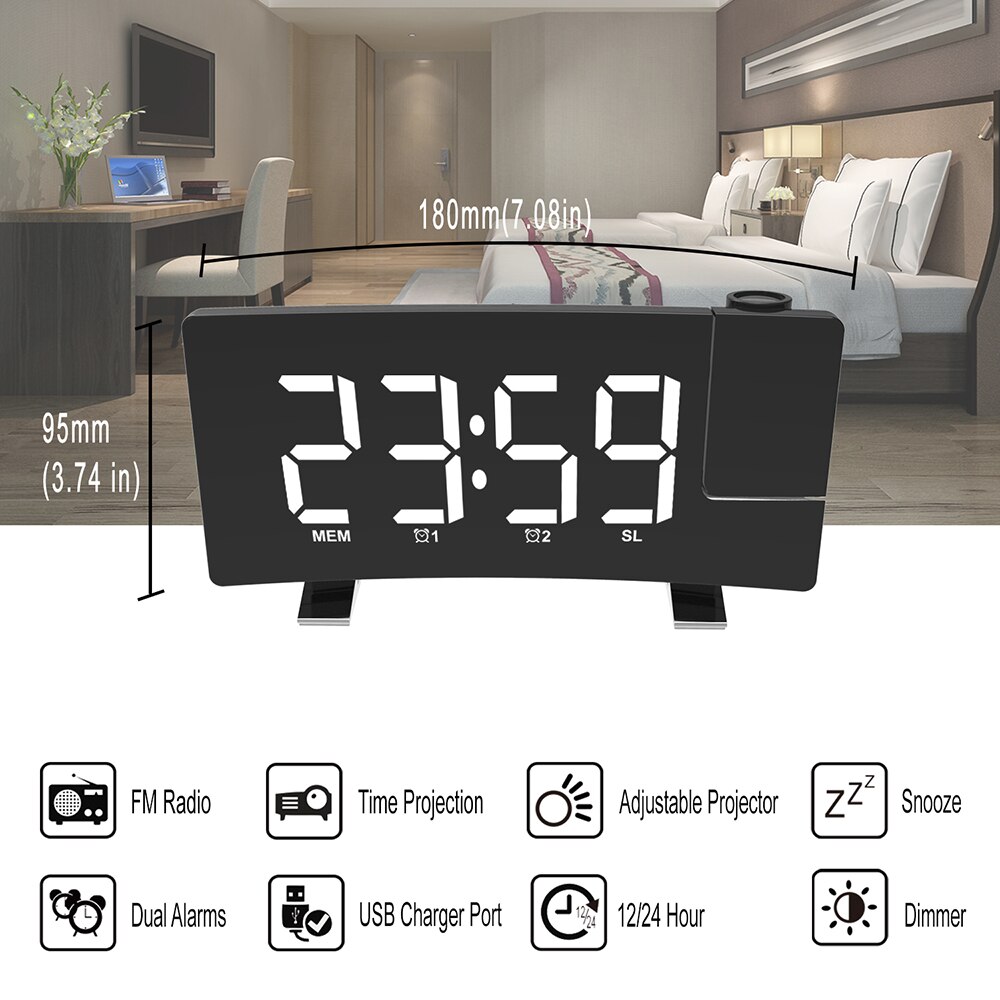 Snooze Wekker Timer Fm Radio Digitale Led Klok Usb Projectie Backlight Roterende Backlight Projector